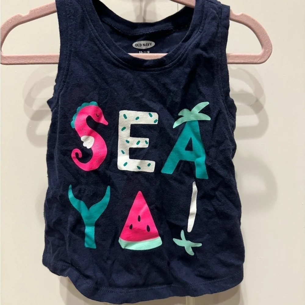 Old Navy 12-18M Girls Navy Blue Sea Ya Ocean Short Sleeve Tank Top Blouse